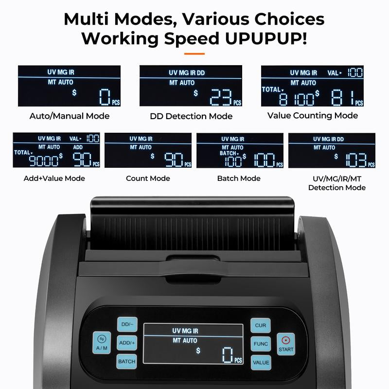 MUNBYN IMC07 High-Speed Money Counter with UV/MG/IR/MT/DD Detection, USD/EUR Compatibility, 1300 Bills per Minute, Add and Batch Modes, LCD Display, 2-Year Warranty