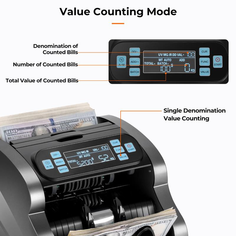 MUNBYN IMC07 High-Speed Money Counter with UV/MG/IR/MT/DD Detection, USD/EUR Compatibility, 1300 Bills per Minute, Add and Batch Modes, LCD Display, 2-Year Warranty