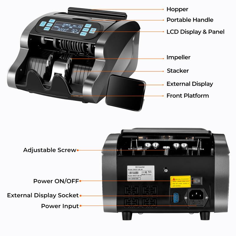MUNBYN IMC07 High-Speed Money Counter with UV/MG/IR/MT/DD Detection, USD/EUR Compatibility, 1300 Bills per Minute, Add and Batch Modes, LCD Display, 2-Year Warranty
