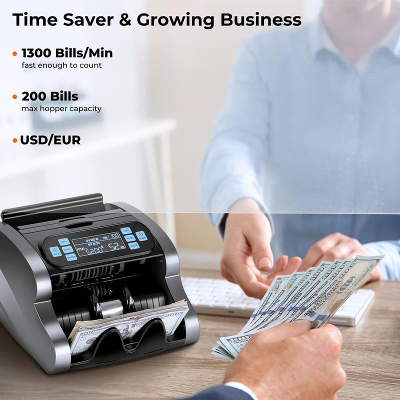 MUNBYN IMC07 High-Speed Money Counter with UV/MG/IR/MT/DD Detection, USD/EUR Compatibility, 1300 Bills per Minute, Add and Batch Modes, LCD Display, 2-Year Warranty