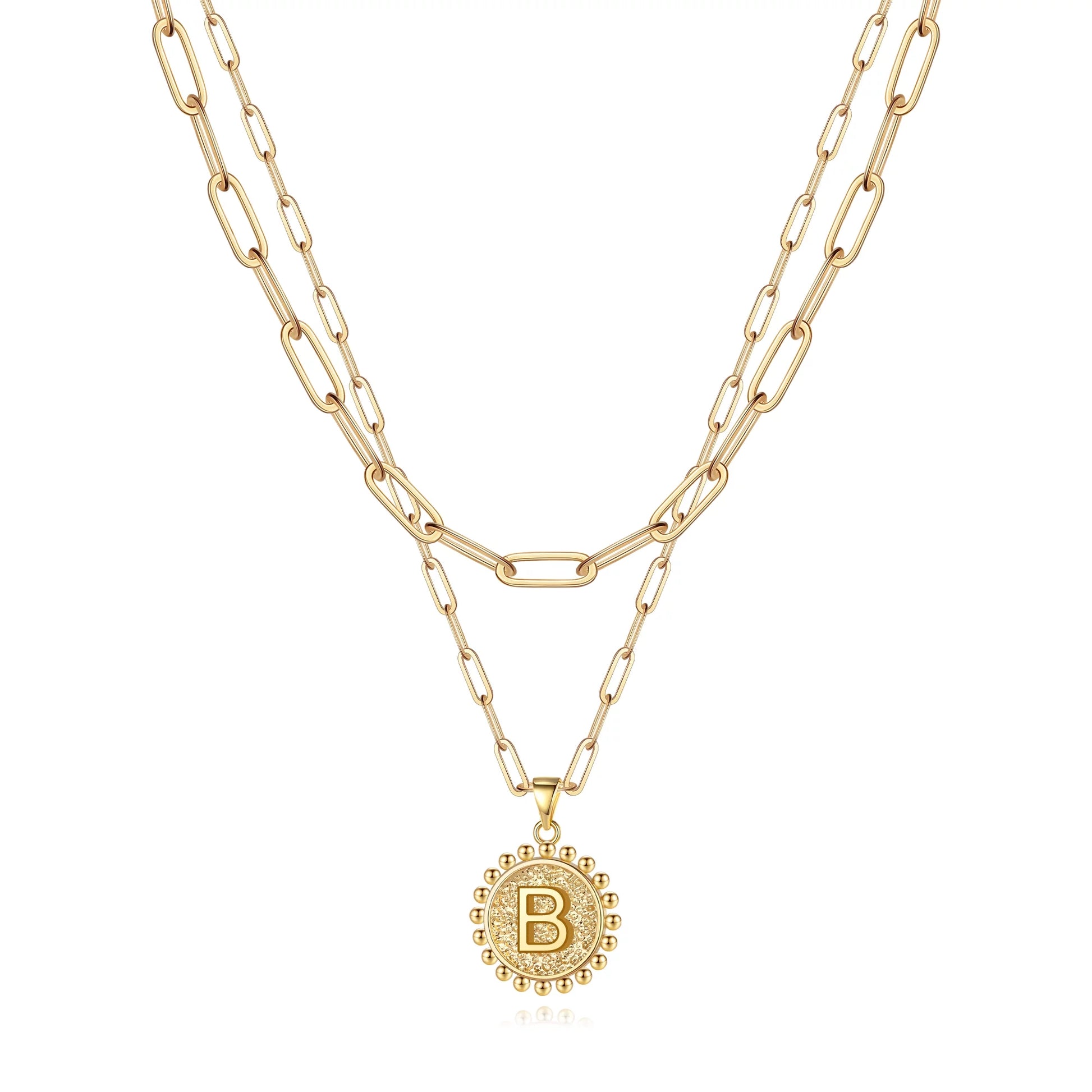 Gold Initial Necklaces for Women Girls 14K Gold Plated Dainty Layering Paperclip Link Chain Necklace Coin Initial Layered Gold Necklaces for Women