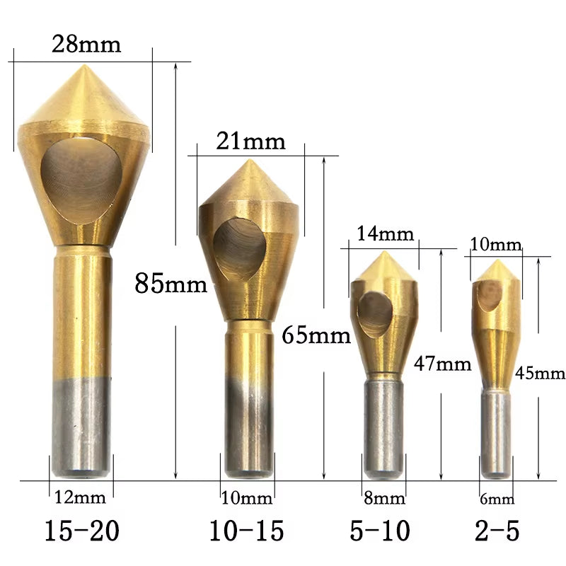 1/4Pcs Set Titanium Countersink Deburring Drill Taper Hole Cutter Steel/Aluminum Countersunk Head Chamfering Tools 2-5-10-15-20