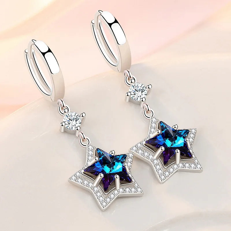 925 Sterling Silver Earrings Blue Crystal Zircon Pentagram Earrings for Women'S Fashion Jewelry Gifts